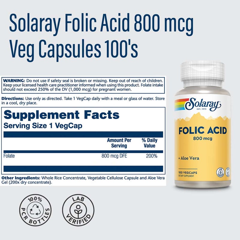 Solaray Folic Acid 800 mcg Veg Capsules 100's