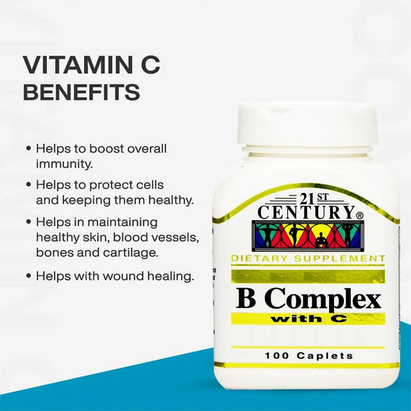 21st Century B Complex With Vitamin C Caplets For Energy & Immune Support, Pack of 100's