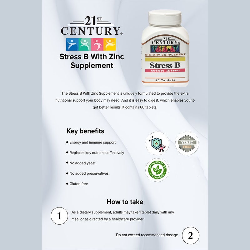 21st Century Stress B Multivitamin Tablets With Zinc For Energy & Immune Support, Pack of 30's