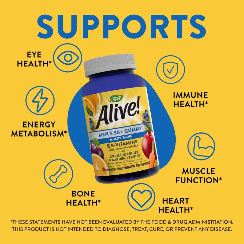 Alive 50+ Men's Multivitamin Gummies With Orchard Fruits & Garden Veggies, Pack of 60's