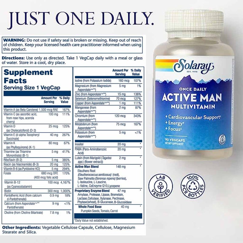 Solaray Once Daily Active Man Multivitamin Supplement Capsules, Pack of 90's