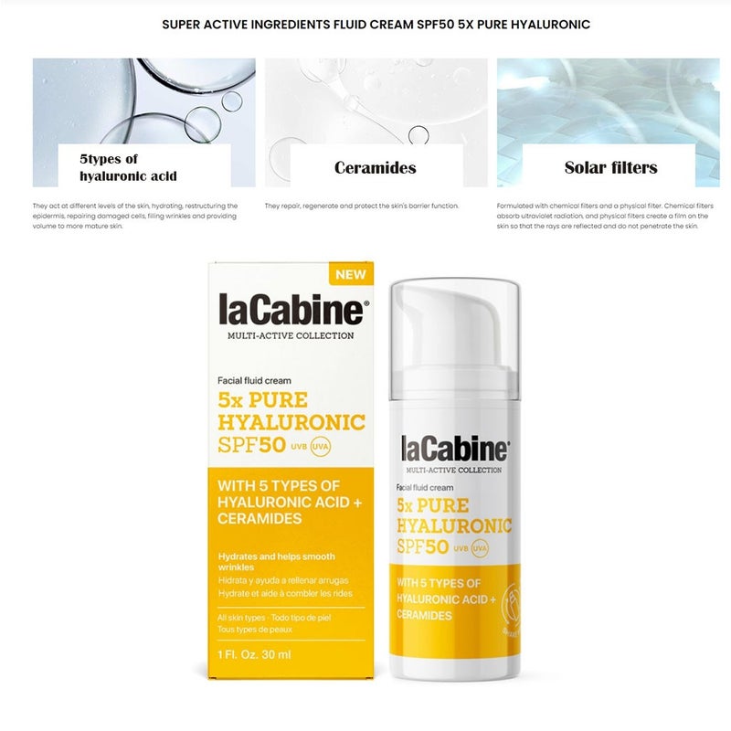 LaCabine 5X Pure Hyaluronic Acid Hydrating & Wrinkle Smoothing Facial Fluid Cream SPF50 30ml