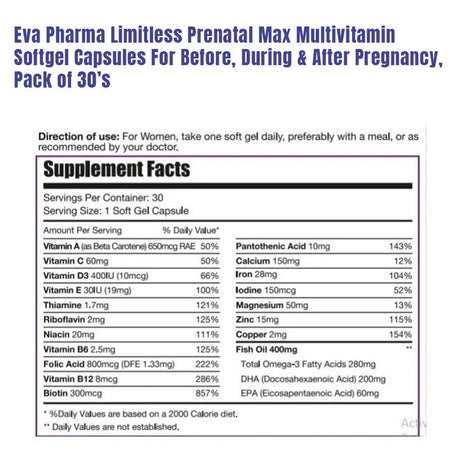 Eva Pharma Limitless Prenatal Max Multivitamin Softgel Capsules For Before, During & After Pregnancy, Pack of 30’s