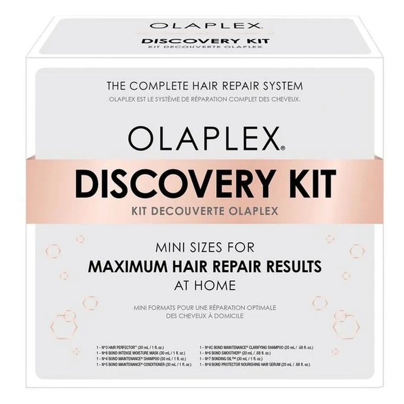 مجموعة الشعر Olaplex Discovery لإصلاح الشعر بالكامل وتصفيفه في المنزل بأحجام صغيرة، عبوة مكونة من 8 قطع