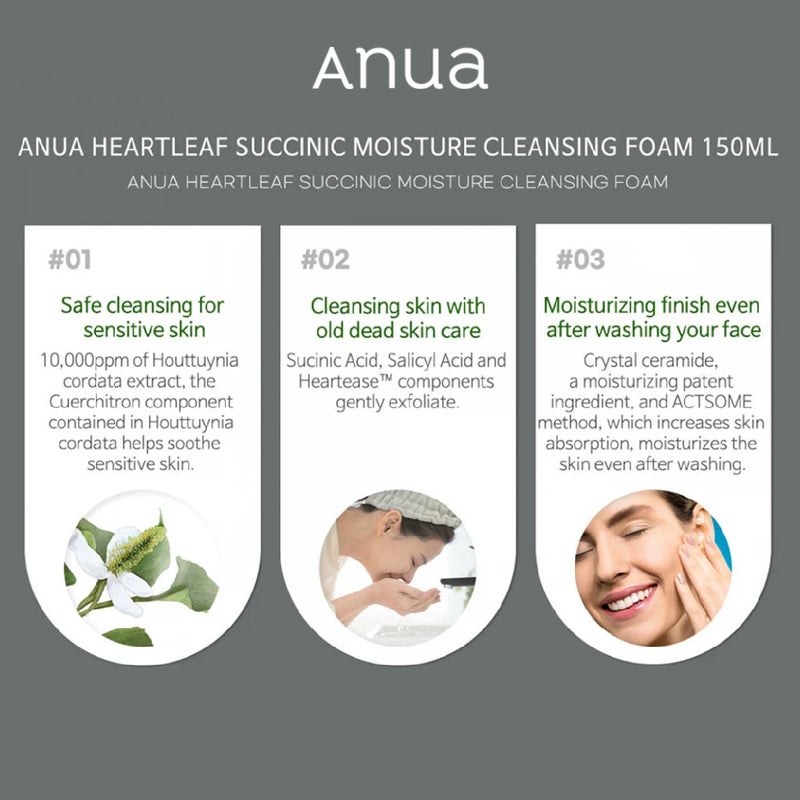 Anua Heartleaf Succinic Moisture Facial Cleansing Foam For Acne Prone Skin 150ml