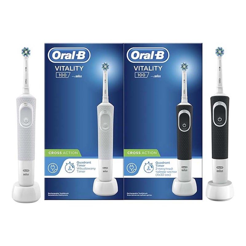 Braun Oral B Vitality 100 Cross Action Electric Rechargeable Toothbrush D100.413.1 - Black & White, TWIN PACK