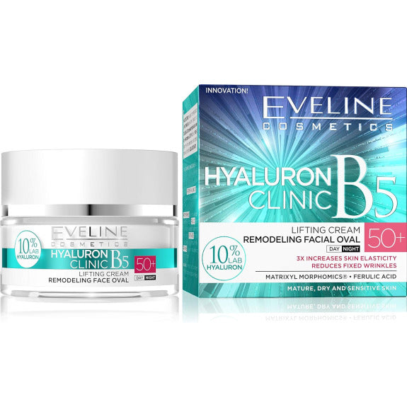 Eveline Cosmetics Hyaluronic Clinic B5 Day And Night Lifting Cream, Spf 50+, Remodeling Facial Oval 50ml