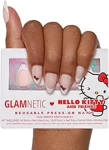 Glamnetic Hello Kitty® White Classic French Tip Short Almond Bow Graphic Nails - 30 Count (Pack of 1) - 15 Sizes - Glossy Finish - Press-On False Nails Glamnetic