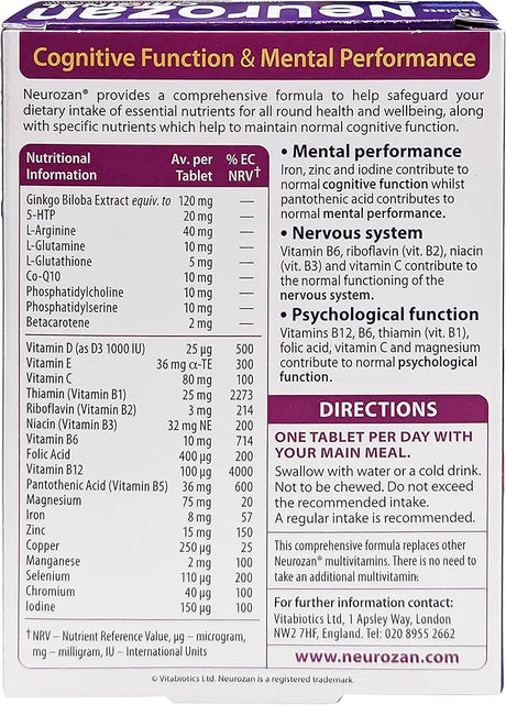 Vitabiotics Neurozan Mind Booster Supplement Tablets For Healthy Mental & Cognitive Function, Pack of 30's