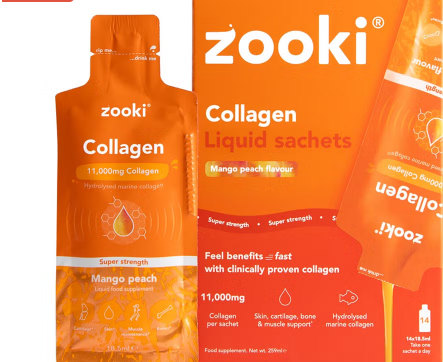 Zooki Super Strength Marine Collagen 11000mg Mango Peach Flavor Liquid Sachets 18.5ml, Pack of 14's