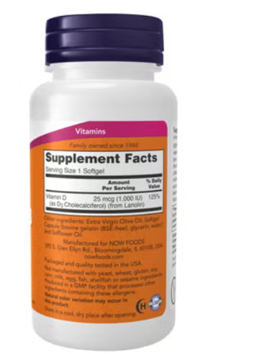 Now High Potency Vitamin D3 1000IU Softgels For Strong Bones & Immune Support, Pack of 180's