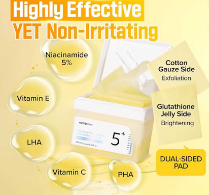 Numbuzin No 5+ Vitamin Niacinamide Concentrated Facial Pads With Glutathione 180ml, Pack of 70’s