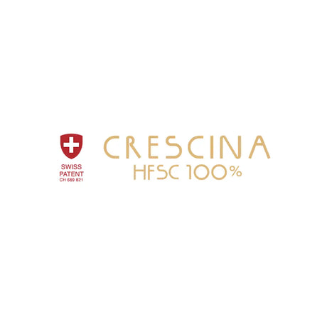 Gold text ’CRESCINA HFSC 100%’ with a red Swiss cross logo.