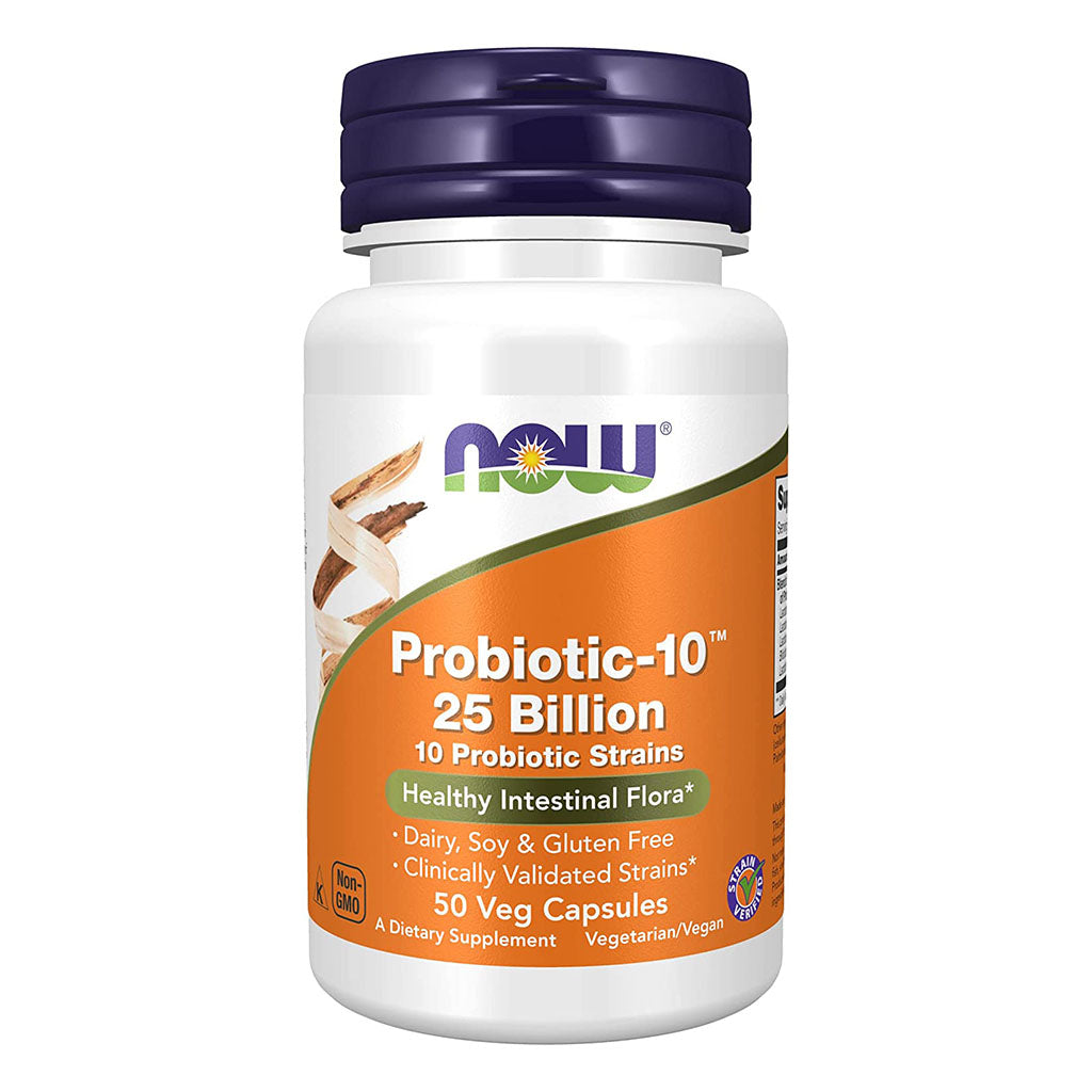 Now Probiotic-10 25 Billion CFU Capsules With 10 Probiotic Strains For Healthy Intestinal Flora, Pack of 50's