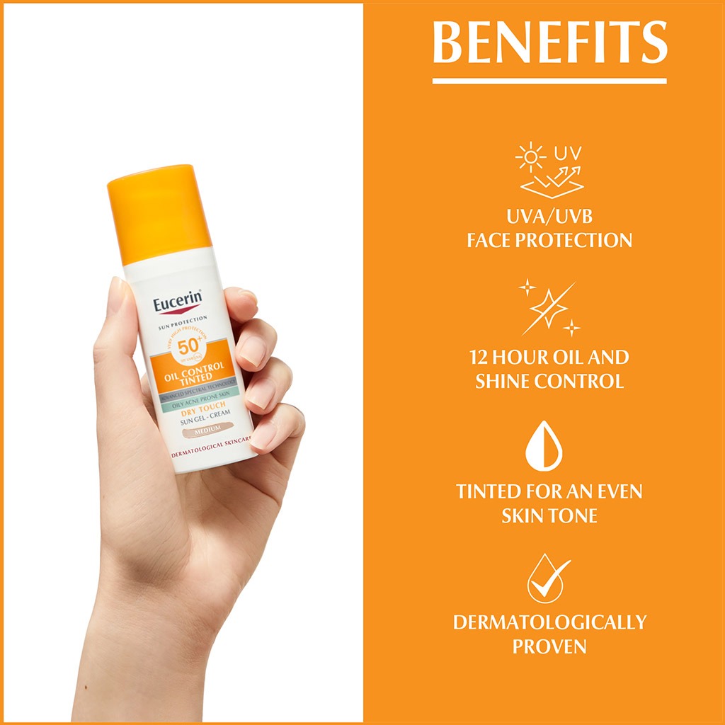 Eucerin Sun Oil Control SPF50+ Sunscreen Medium Tinted Gel-Cream With Dry Touch & Anti-Sine Effect 50ml