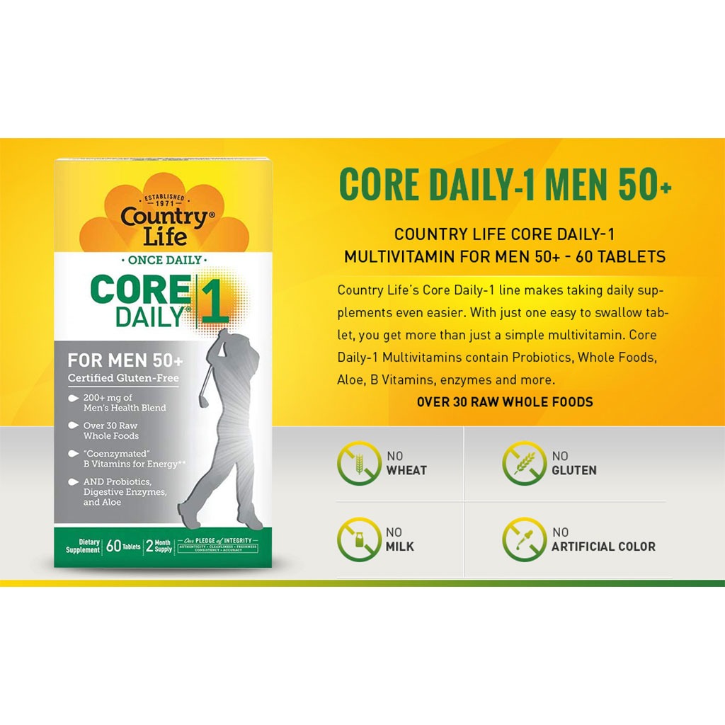 أقراص مكملة متعددة الفيتامينات من Country Life Core Daily 1 للرجال بعمر 50+، عبوة مكونة من 60 قرصًا