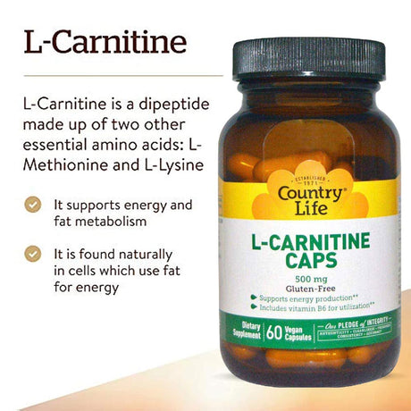 Country Life L-Carnitine 500 mg Vegan Capsule Supplement For Energy Support, Pack of 60's