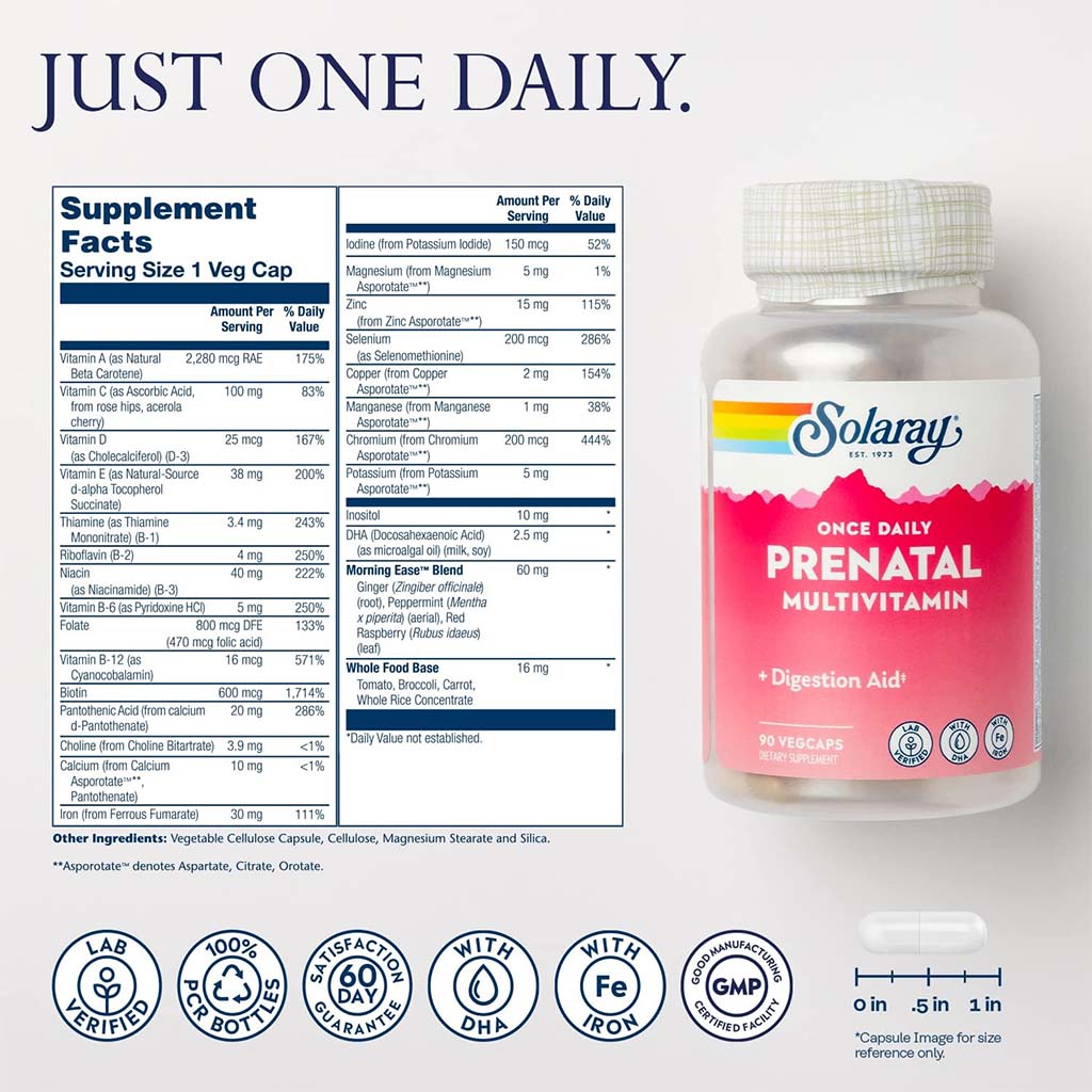 Solaray Once Daily Prenatal Multivitamin Veg Capsules With DHA & Iron, Pack of 90's