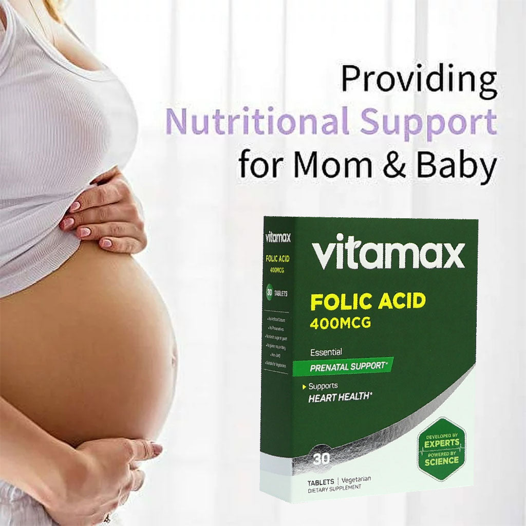 Vitamax Folic Acid 400 mcg Tablets For Prenatal Support & Healthy Heart Function, Pack of 30's