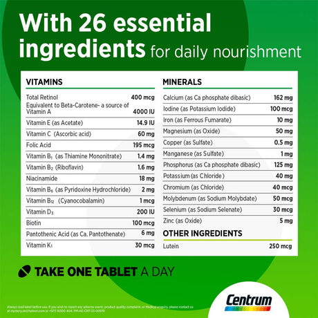 Centrum With Lutein Adult Multivitamin Supplement Tablets, Pack of 100's