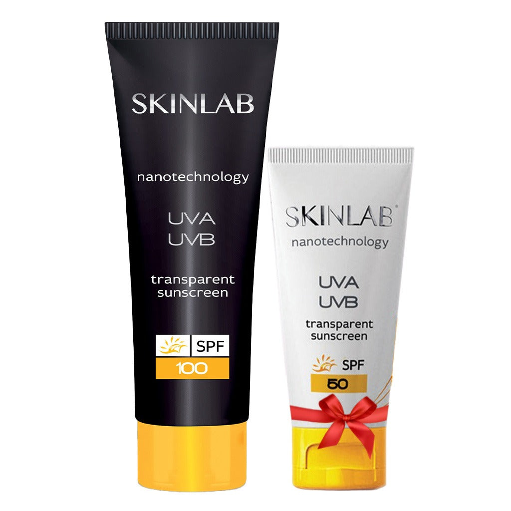 Skinlab UVA/UVB SPF50 واقي الشمس 100 مل + Skinlab UVA/UVB SPF50 واقي الشمس الشفاف 50 مل عبوة ترويجية مجانية