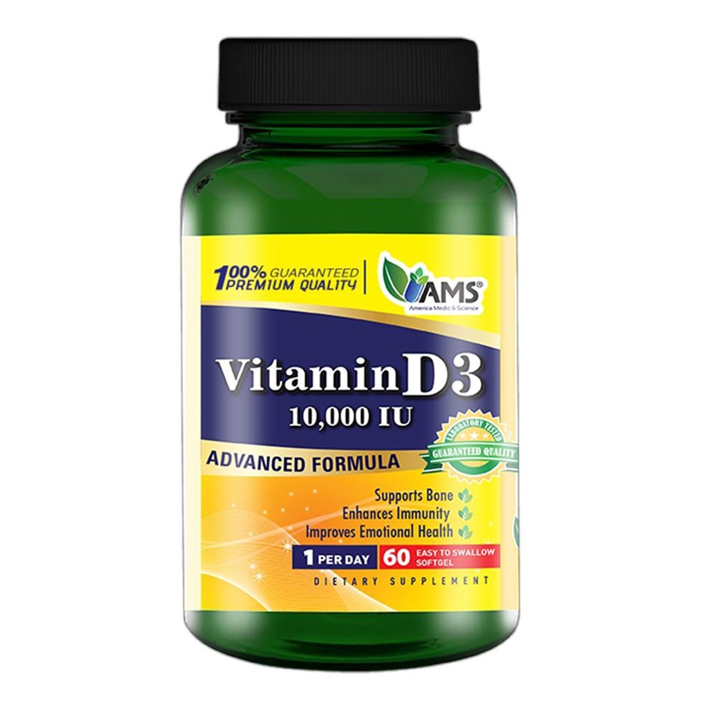 AMS Vitamin D3 10000IU Softgels For Healthy Bones & Immunity Boost, Pack of 60's