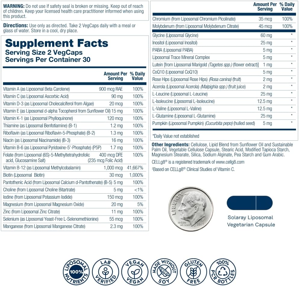 كبسولات نباتية للرجال من Solaray Liposomal Multivitamin لصحة الجسم بالكامل، رؤية صحية واستقلاب الطاقة، عبوة مكونة من 60 كبسولة