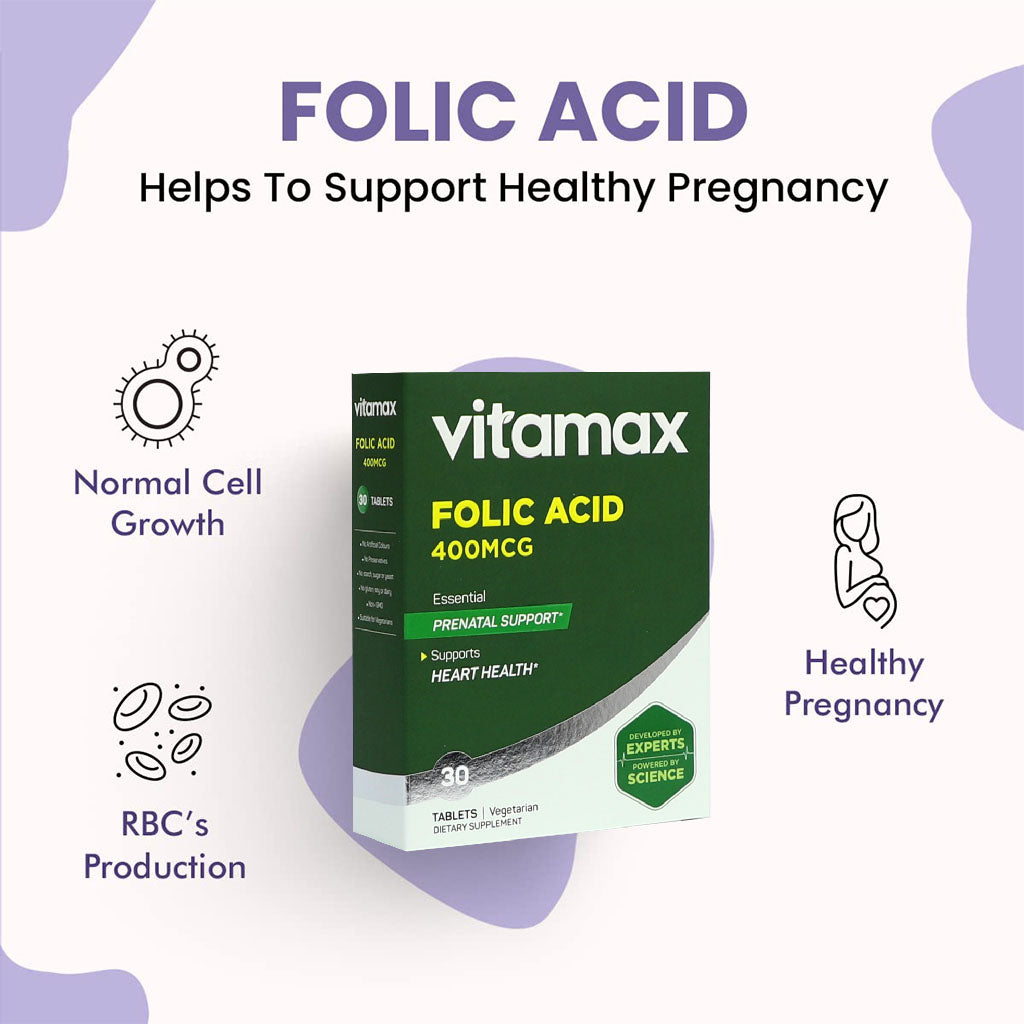 Vitamax Folic Acid 400 mcg Tablets For Prenatal Support & Healthy Heart Function, Pack of 30's