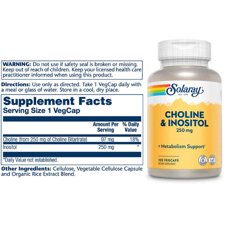 Solaray Choline & Inositol 250mg Veg Capsules To Support Metabolism, Pack of 100's