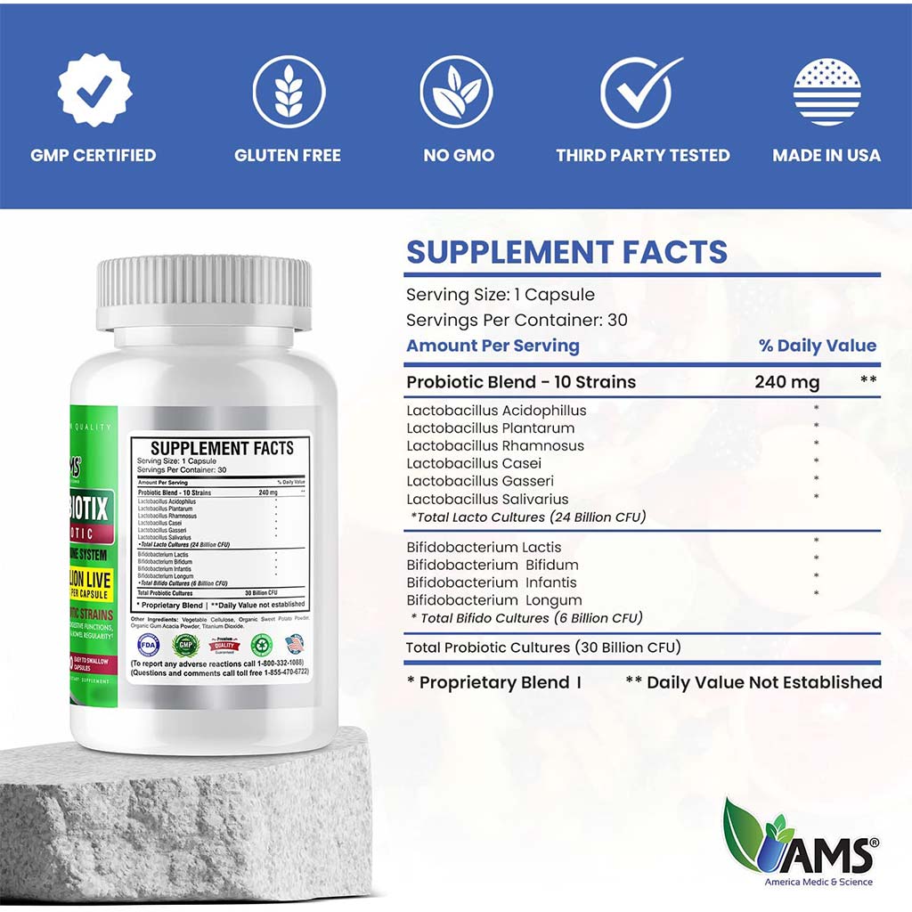 كبسولة بروبيوتيك 30 مليار من AMS Florabiotix للهضم وانتظام الأمعاء ودعم المناعة، عبوة من 30 كبسولة