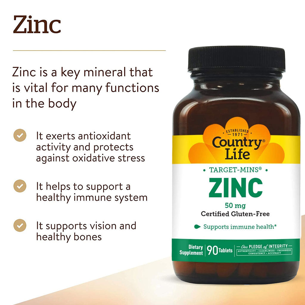 Country Life Zinc Target-Mins® 50 mg أقراص لصحة المناعة، عبوة تحتوي على 90 قرصًا