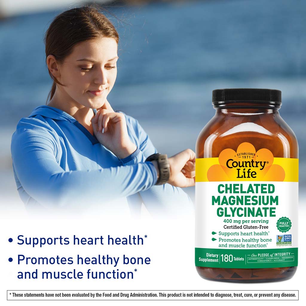 Country Life 400mg Chelated Magnesium Glycinate Tablets For Bone & Muscle Health, Pack of 180's