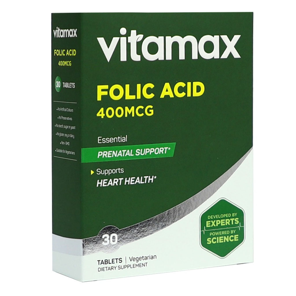 Vitamax Folic Acid 400 mcg Tablets For Prenatal Support & Healthy Heart Function, Pack of 30's