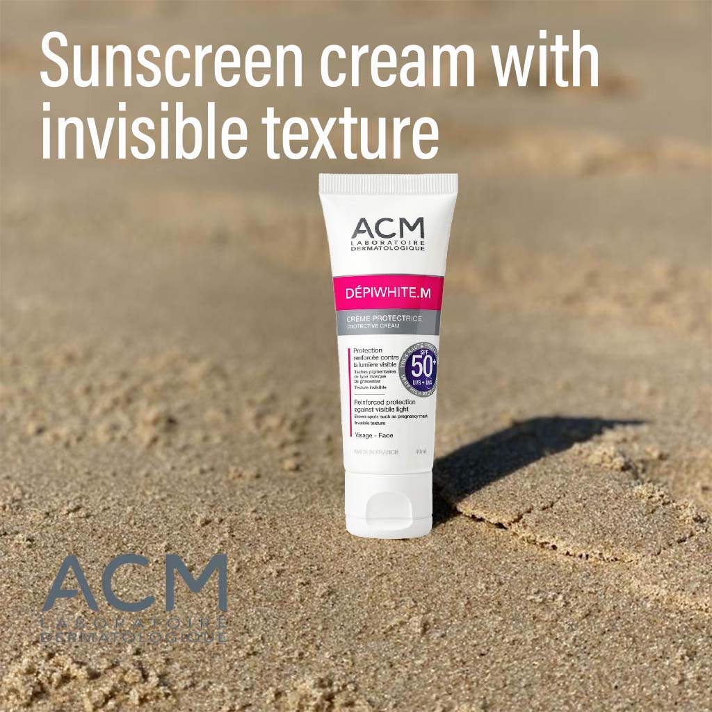 ACM Depiwhite M SPF50+ كريم واقي من الشمس للوجه مع حماية من الأشعة فوق البنفسجية فئة A + UVB + الضوء الأزرق 40 مل