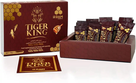 Tiger King product box with individually wrapped sachets displayed in a presentation case.